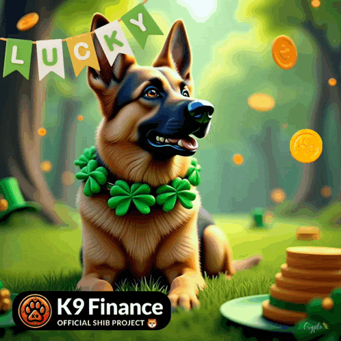 a painting of a german shepherd with a banner that says " lucky " on it