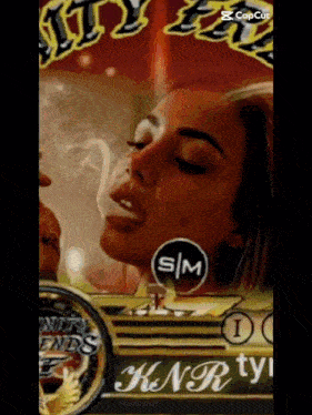 a picture of a woman smoking a cigarette with a s/m logo on it