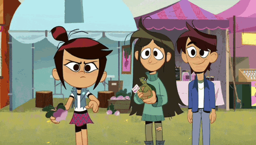 three cartoon characters are standing in front of a tent with one holding a frog that says ' i love you ' on it