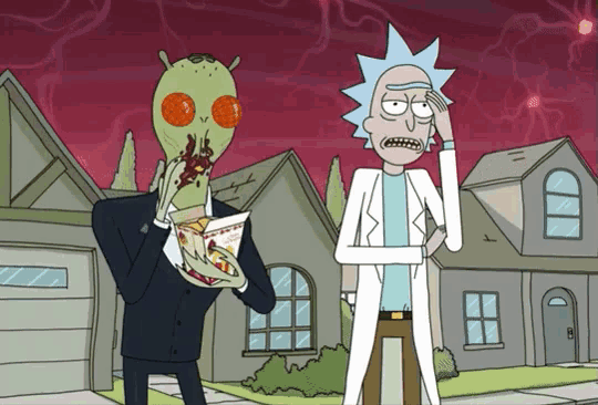a cartoon of rick and morty standing in front of houses