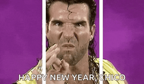 a man with a mullet is pointing at the camera and saying `` happy new year , chico '' .
