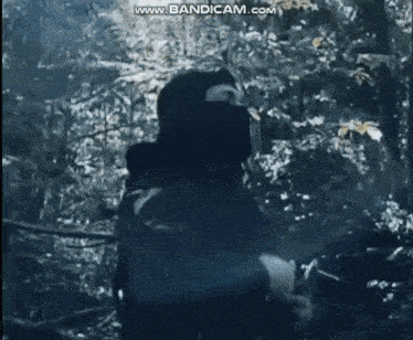 a man in a black mask is standing in the woods and the website www.bandicam.com is visible