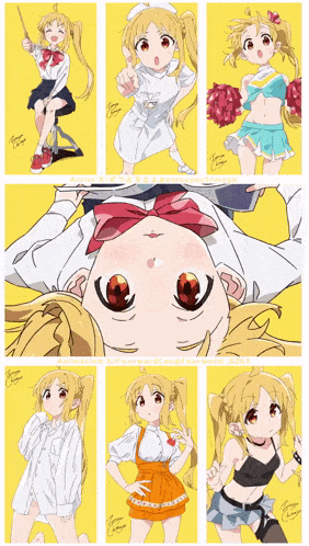 a collage of drawings of a girl with a red bow in a cheerleader outfit