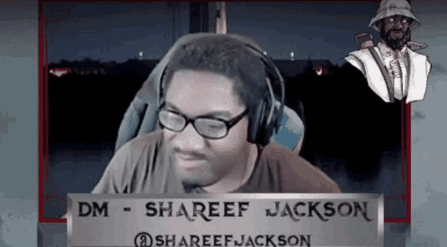 a man wearing headphones and glasses is sitting in front of a sign that says shareef jackson