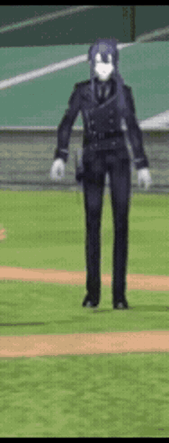 a person in a suit is standing on a baseball field .