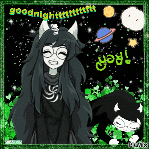 a picture of a girl with a cat on her head that says goodnight yay