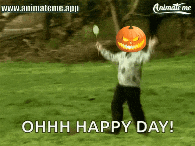 a man with a pumpkin on his head is holding a candy cane and says ohhh happy day