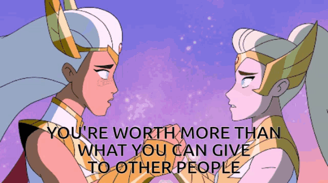 a cartoon of two women holding hands with the words " you 're worth more than what you can give to other people "