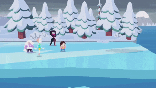 a group of cartoon characters are standing on a ice rink
