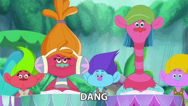 a group of trolls are sitting around a table with the word dang above them