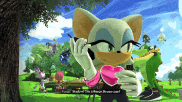 a screenshot of rouge from sonic the hedgehog talking on a phone