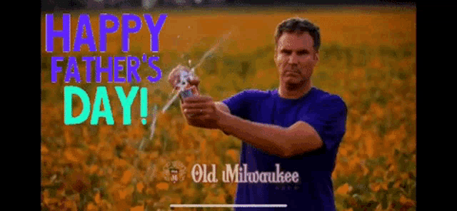a man is holding a can of soda in front of a field with the words happy father 's day written above him