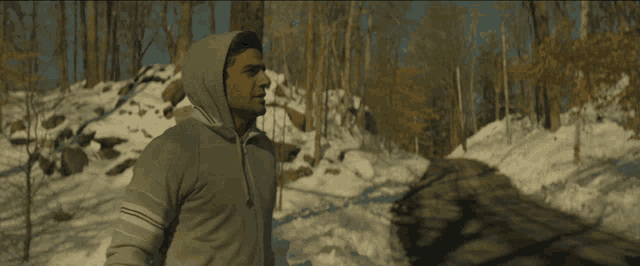 a man wearing a hoodie stands in the snow