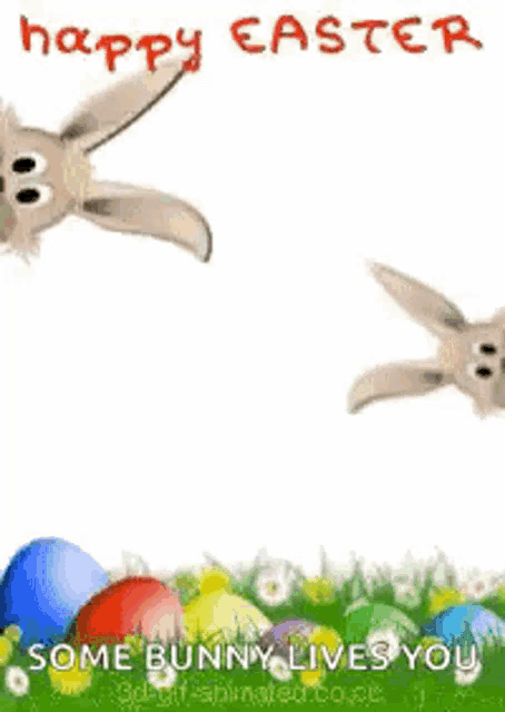 a happy easter greeting card with two bunny rabbits jumping in the air .