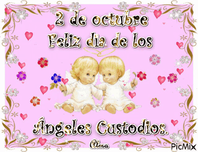 a picture of two angels on a pink background with the words feliz dia de los angeles custodios