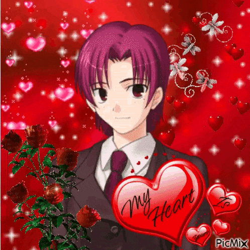 a boy with purple hair is holding a heart that says " my heart "