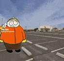 a cartoon character is standing in the middle of a road .