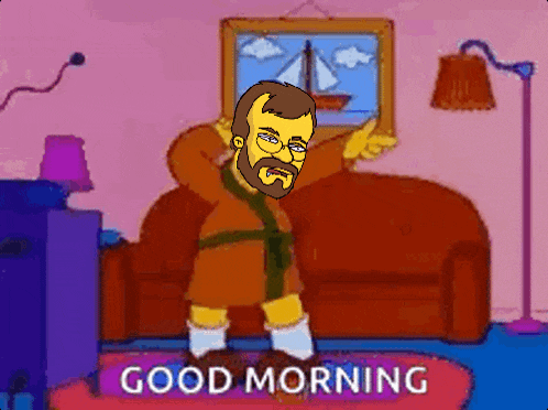 a cartoon of a man standing in front of a couch says good morning