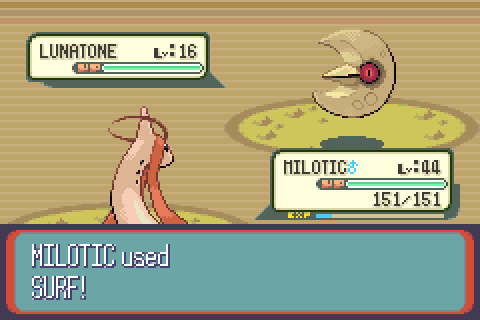 a video game screen shows a pokemon named lunatone fighting another pokemon named milotic