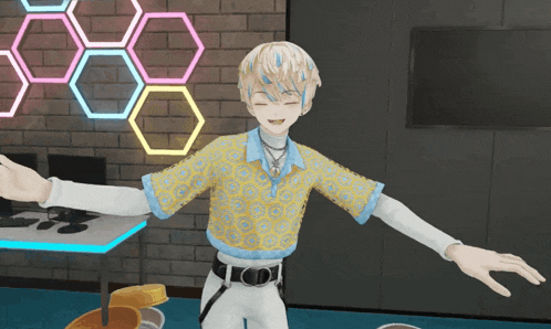 a computer generated image of a boy in a yellow shirt and white pants