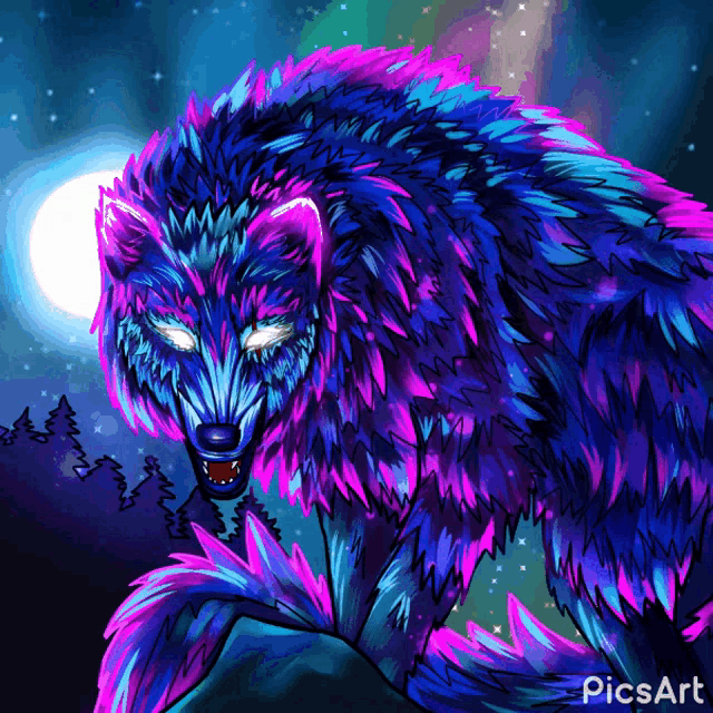 a drawing of a colorful wolf with a full moon in the background