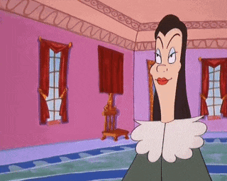 a cartoon character is standing in a room with a pink wall