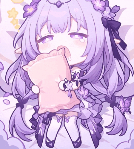 a girl with purple hair is holding a pillow in her hand