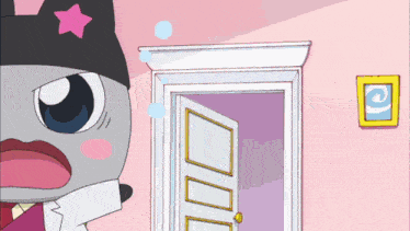 a cartoon character standing in front of a door with the letter e on the wall