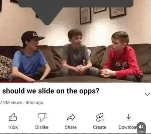 three boys are sitting on a couch with the words should we slide on the opps below them