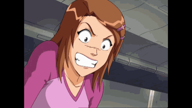 a cartoon girl with brown hair and a pink shirt is making a funny face
