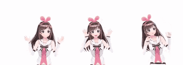 a girl with a pink bow on her head is dancing with her arms in the air .