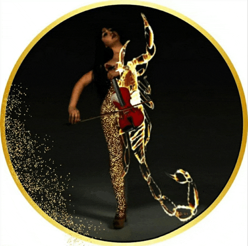 a woman playing a violin in a circle with a scorpion in the background