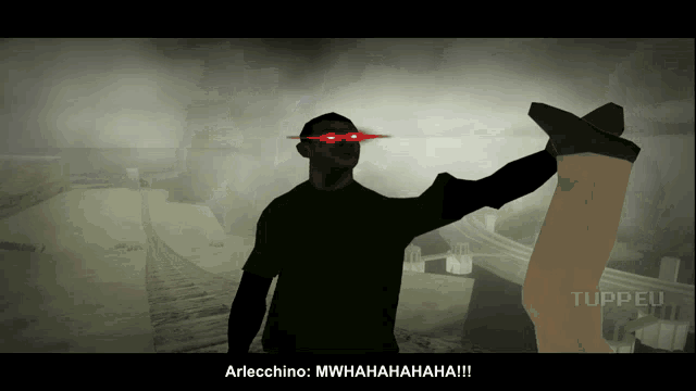 a video game screen shows a man with red eyes and the words arlecchino mwhahahaha