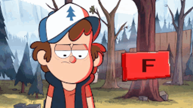 a cartoon character from gravity falls stands next to a red f sign