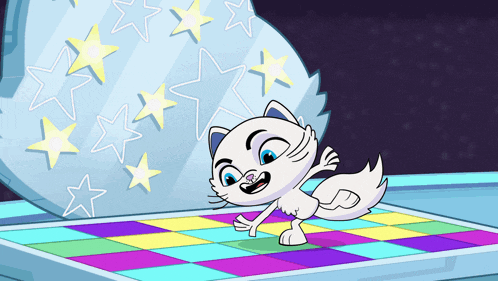 a cartoon of a white cat dancing on a colorful dance floor