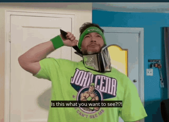 a man wearing a green shirt that says john cena is talking on a phone