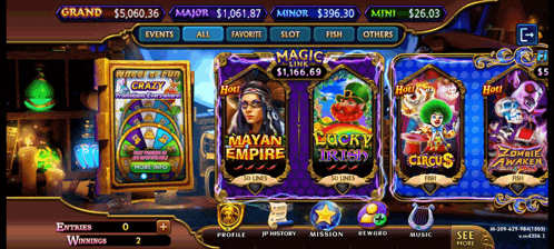 a screen shot of a slot machine with maya empire and lucky trick on it