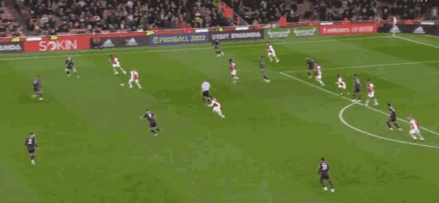 a soccer game is being played on a field that has an emirates banner on the side