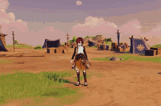 a video game scene with a blue banner and a sword in the background