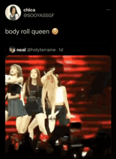 a group of women are dancing on a stage and the caption says body roll queen .