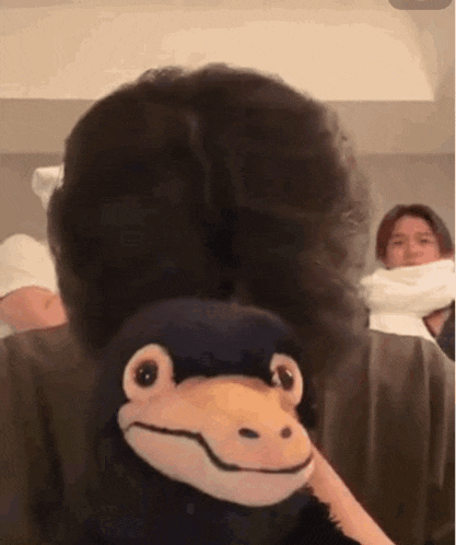 a man is holding a stuffed monkey in front of his face .