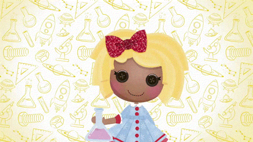 a little girl with a bird on her head holds a beaker