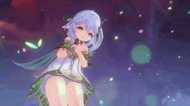 a girl with blue hair and green leaves is standing in front of a purple background