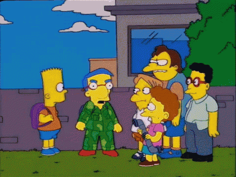 a group of cartoon characters are standing in front of a house
