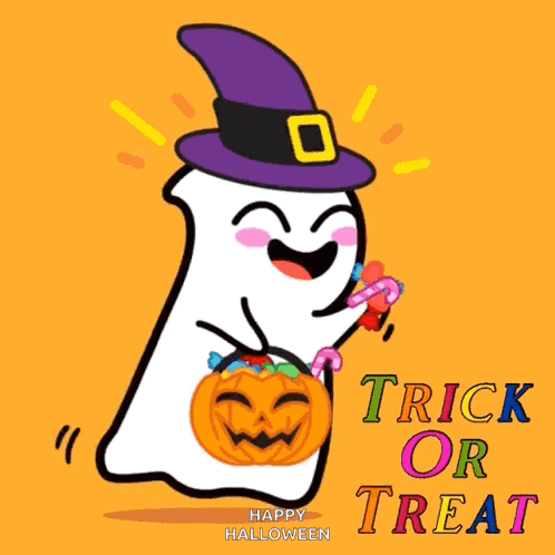 a ghost in a witch hat is holding a pumpkin and candy .