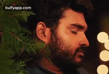 a man with a beard is standing in front of a tree with lights .