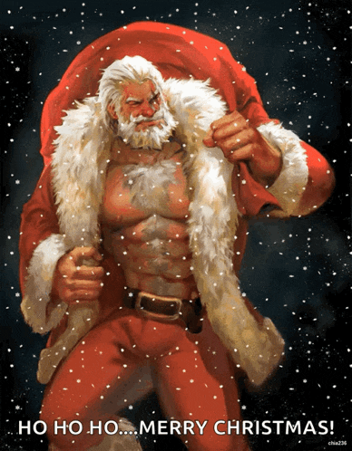 a painting of a shirtless santa claus with the words ho ho ho merry christmas on the bottom
