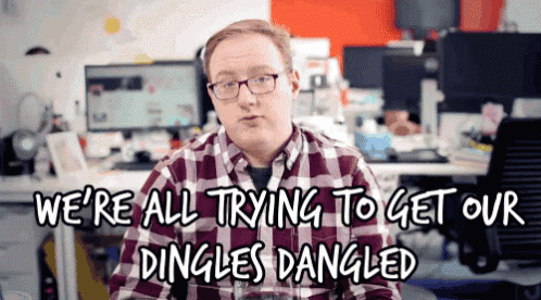 a man wearing glasses and a plaid shirt says we 're all trying to get our dingles dangled