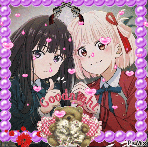 a picture of two anime girls with the words goodnight written on it