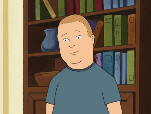 a cartoon character standing in front of a bookshelf